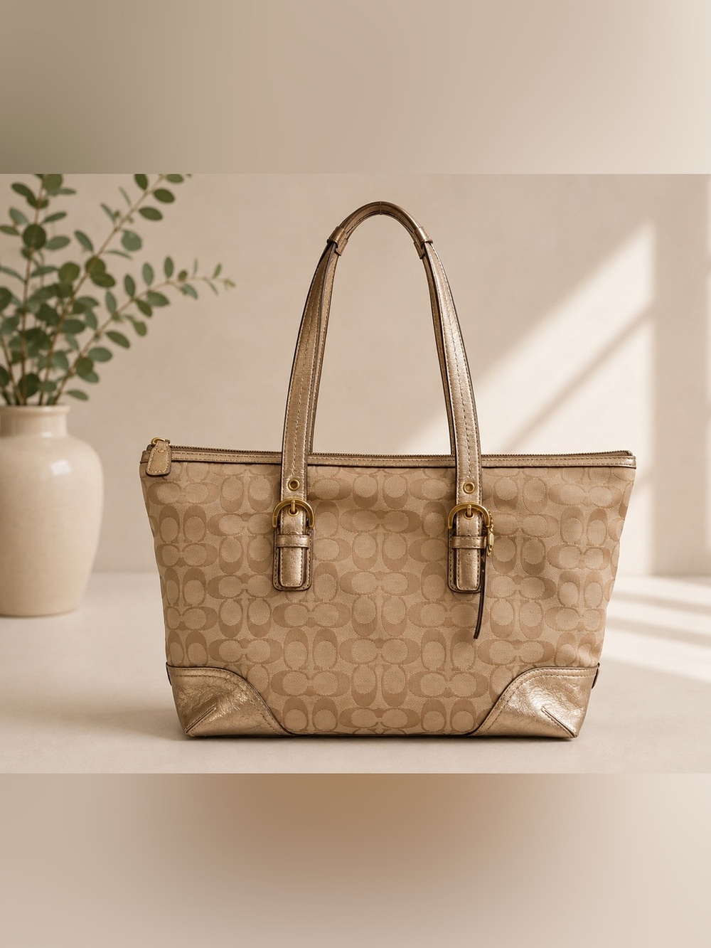 Coach Metallic Tan Signature Monogram Tote